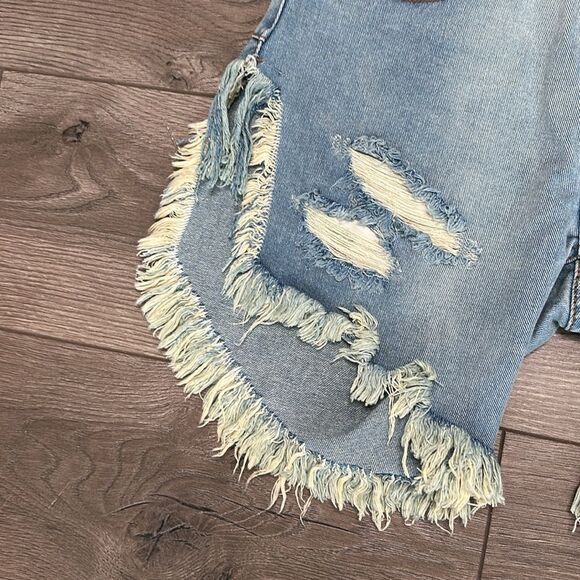 One Teaspoon Frankies Long Length Button Fly Fringe‎ Blue Jean Shorts Size 25 - Picture 4 of 13